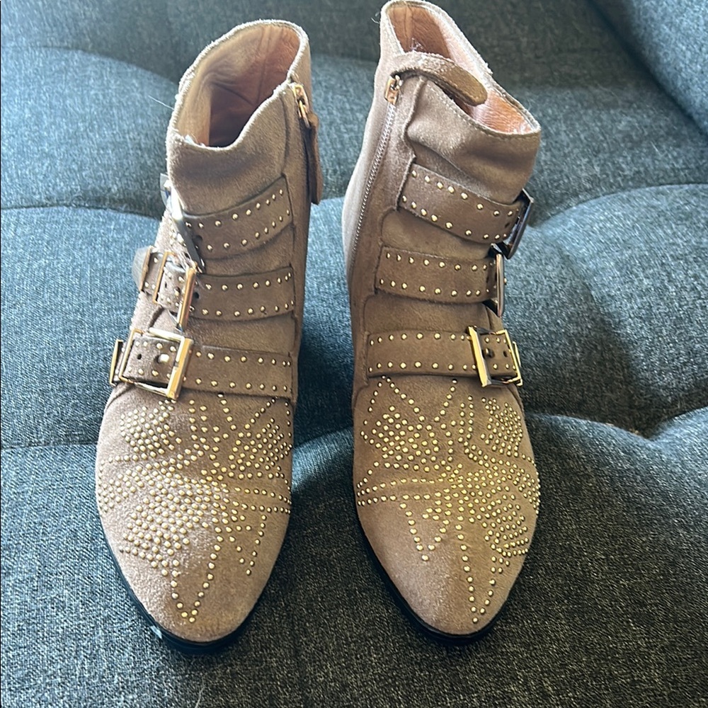 Tan Ankle Boots with Gold Buckles and Textured Suede